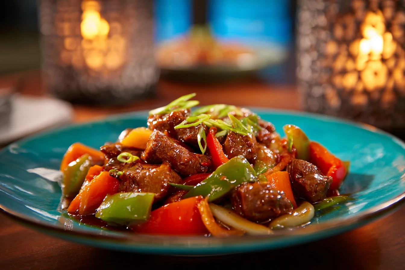 Delicious Sweet Chilli Shredded Beef served with fresh vegetables