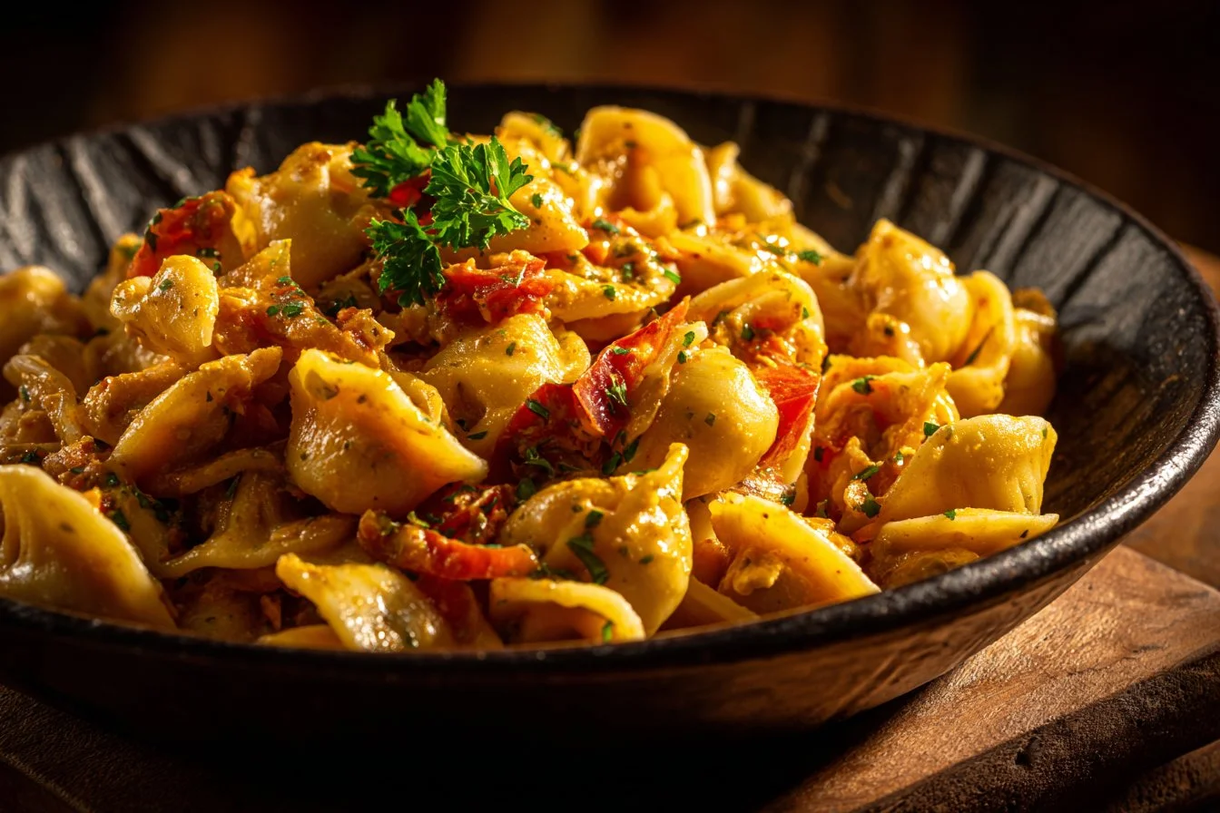 A colorful bowl of Taco Pasta topped with cheese, spices, and fresh ingredients.