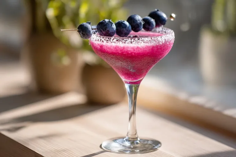 Delicious Blueberry Lemon Drop Martini garnished with blueberries and lemon slice.