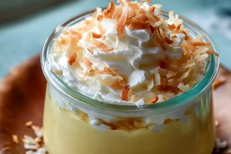 Delicious toasted coconut pudding served in a bowl topped with toasted coconut flakes