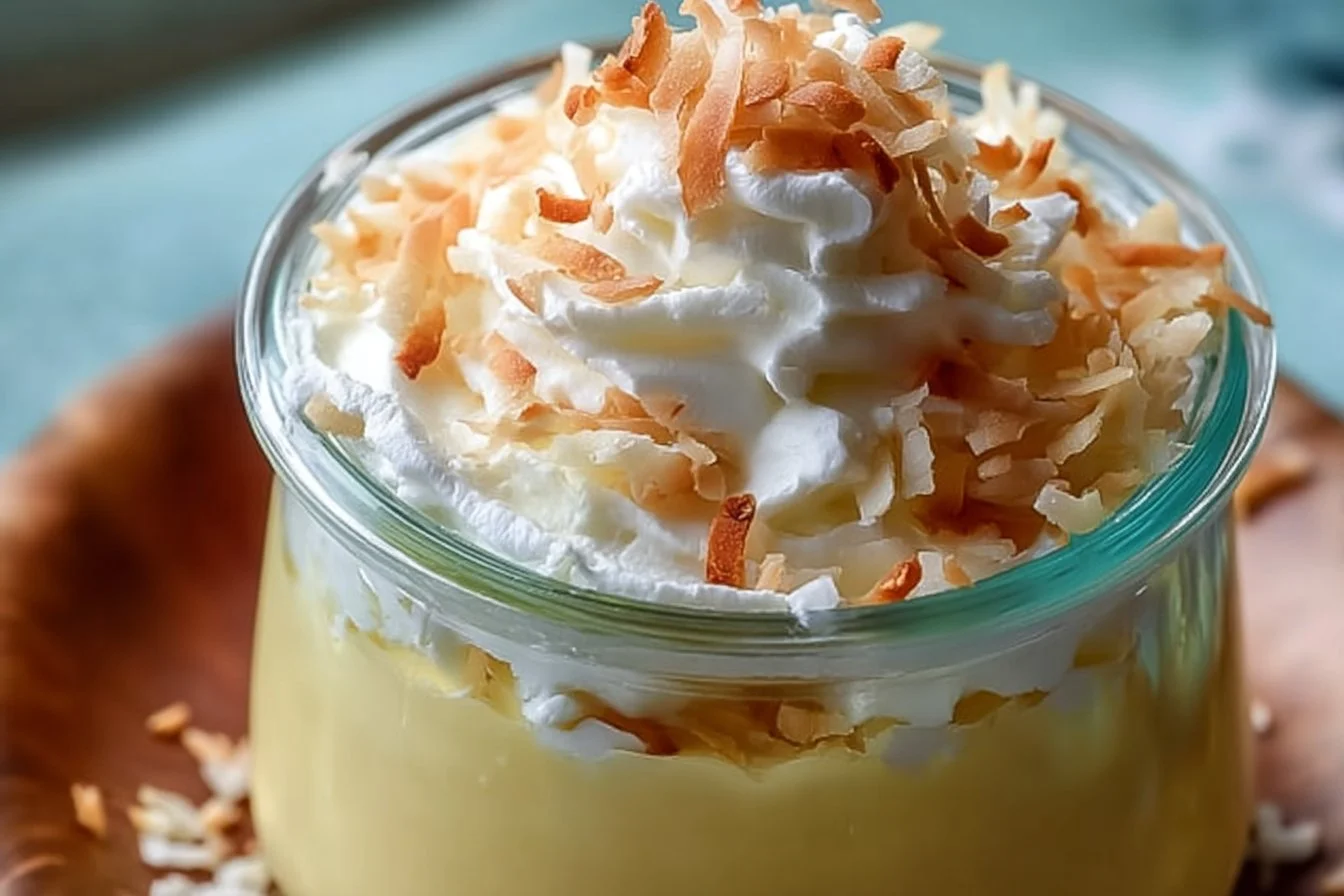 Delicious toasted coconut pudding served in a bowl topped with toasted coconut flakes