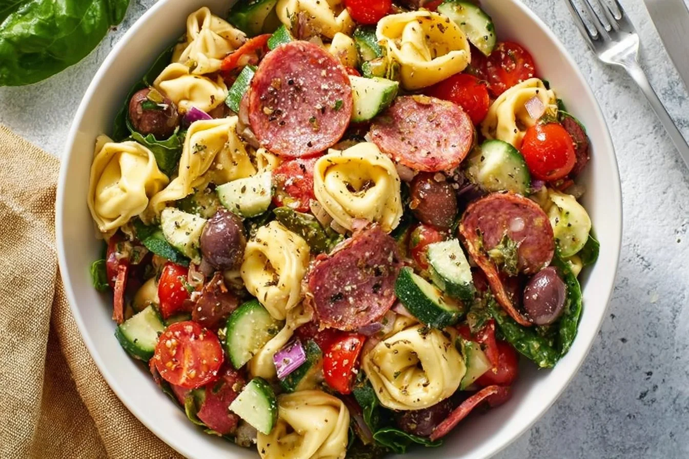 Colorful tortellini salad with fresh vegetables and dressing
