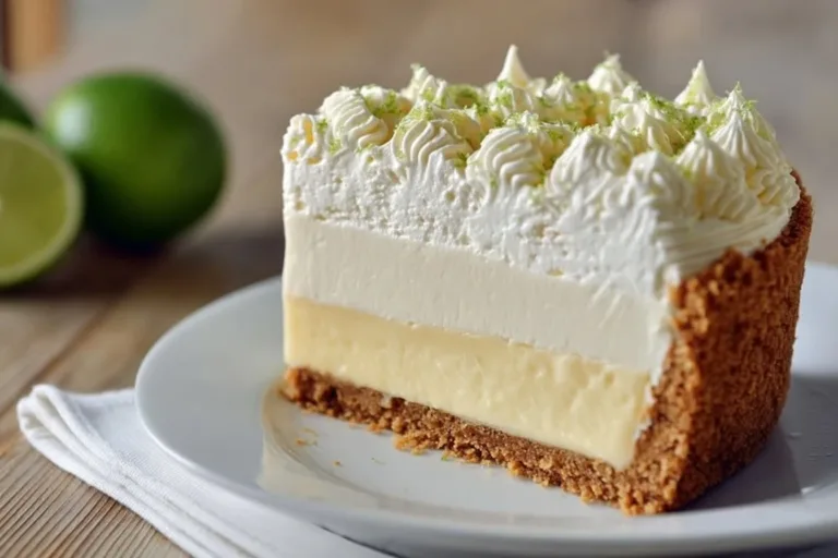 Triple Decker Key Lime Pie with vibrant green filling and creamy topping