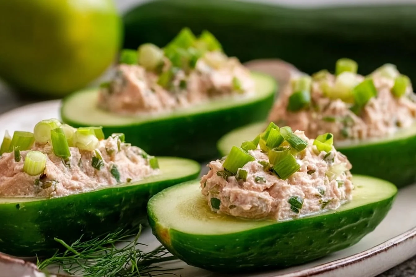 Delicious Tuna Cucumber Boats garnished and ready to serve