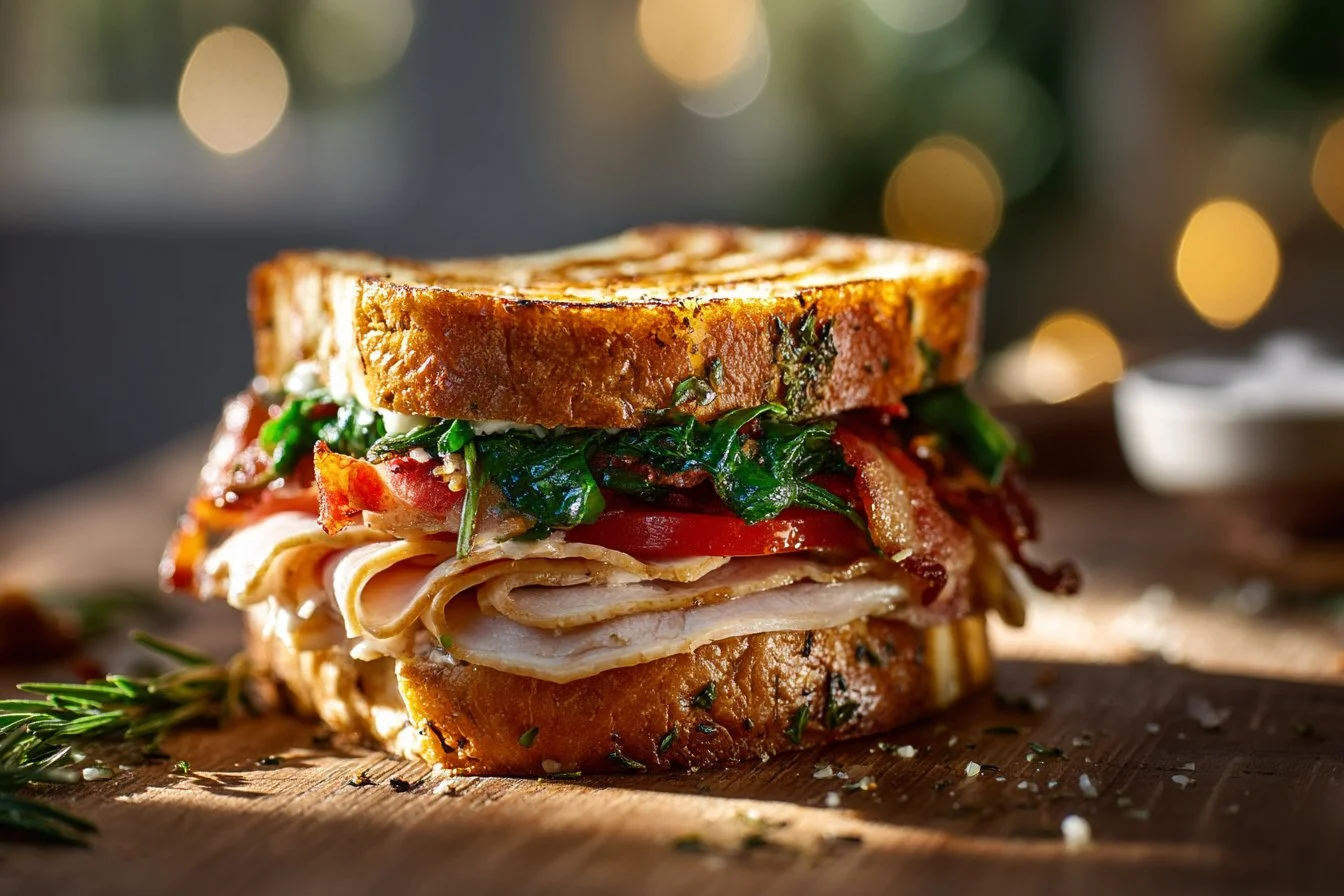 Turkey Melt sandwich with bacon, spinach, and cheddar cheese