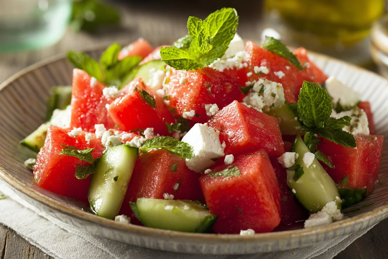 Fresh Watermelon Cucumber Feta Salad in a bowl with mint garnish