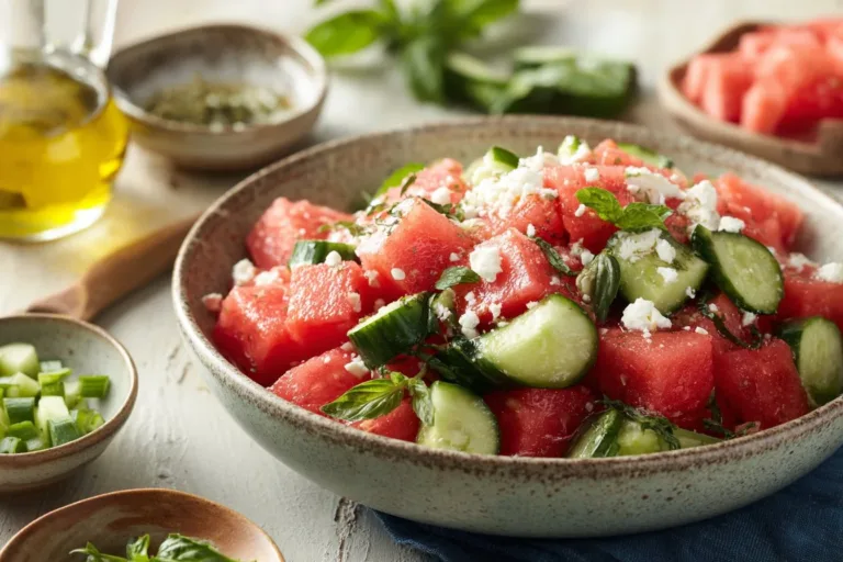 Watermelon Basil Salad with feta cheese and fresh basil leaves.