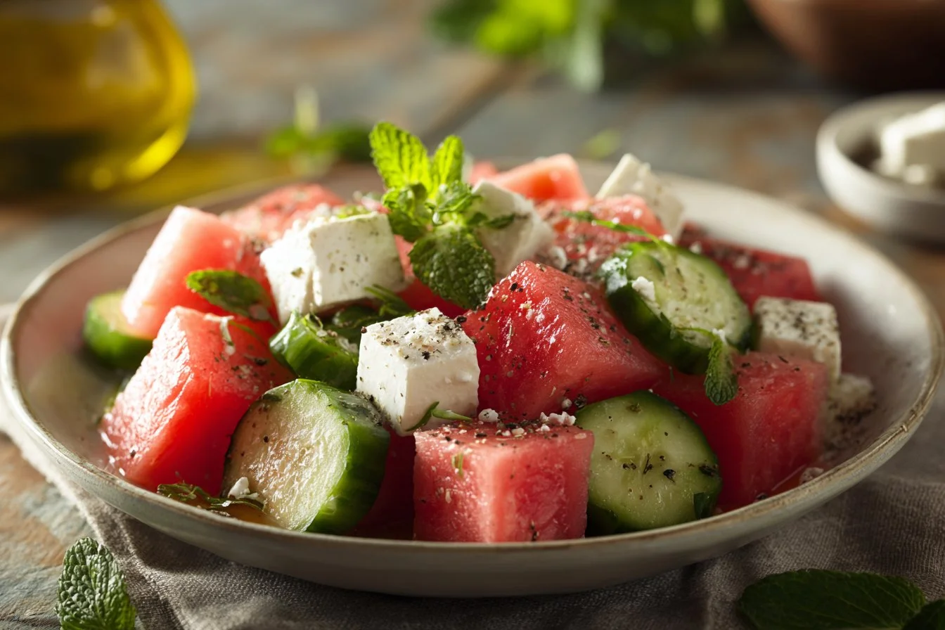 Delicious watermelon cucumber feta salad served in a bowl with mint leaves