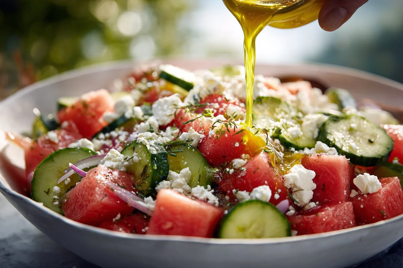 Colorful watermelon cucumber salad with mint and feta on a plate