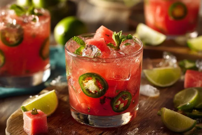 Refreshing Watermelon Jalapeño Margaritas in a glass with lime garnish.