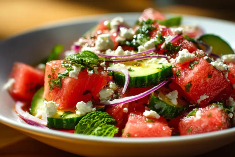 Delicious watermelon salad with feta cheese and mint leaves on a white plate