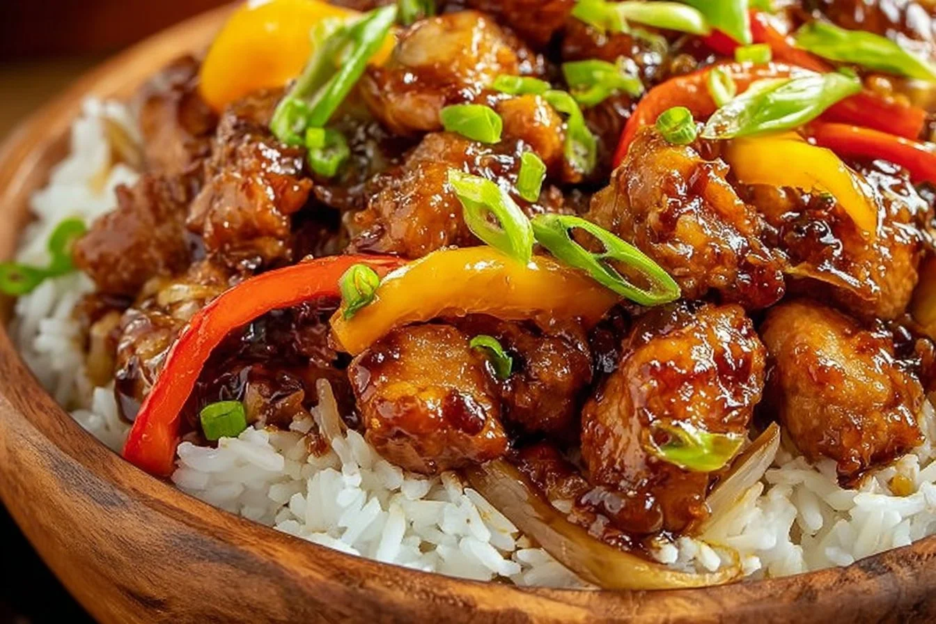 Zesty Blackstone Orange Chicken served with colorful veggies on a plate.