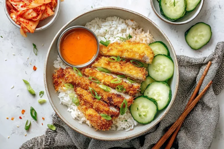 Air Fryer Chicken Katsu Bowl served with rice and vegetables.