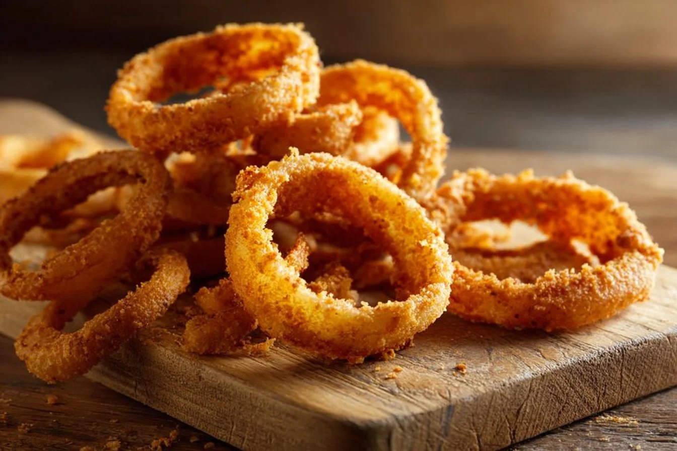 Crispy air fryer onion rings served on a plate with dipping sauce