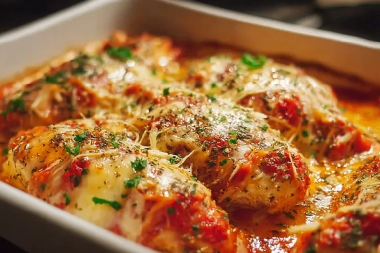 Baked chicken topped with marinara sauce and melted mozzarella cheese on a plate