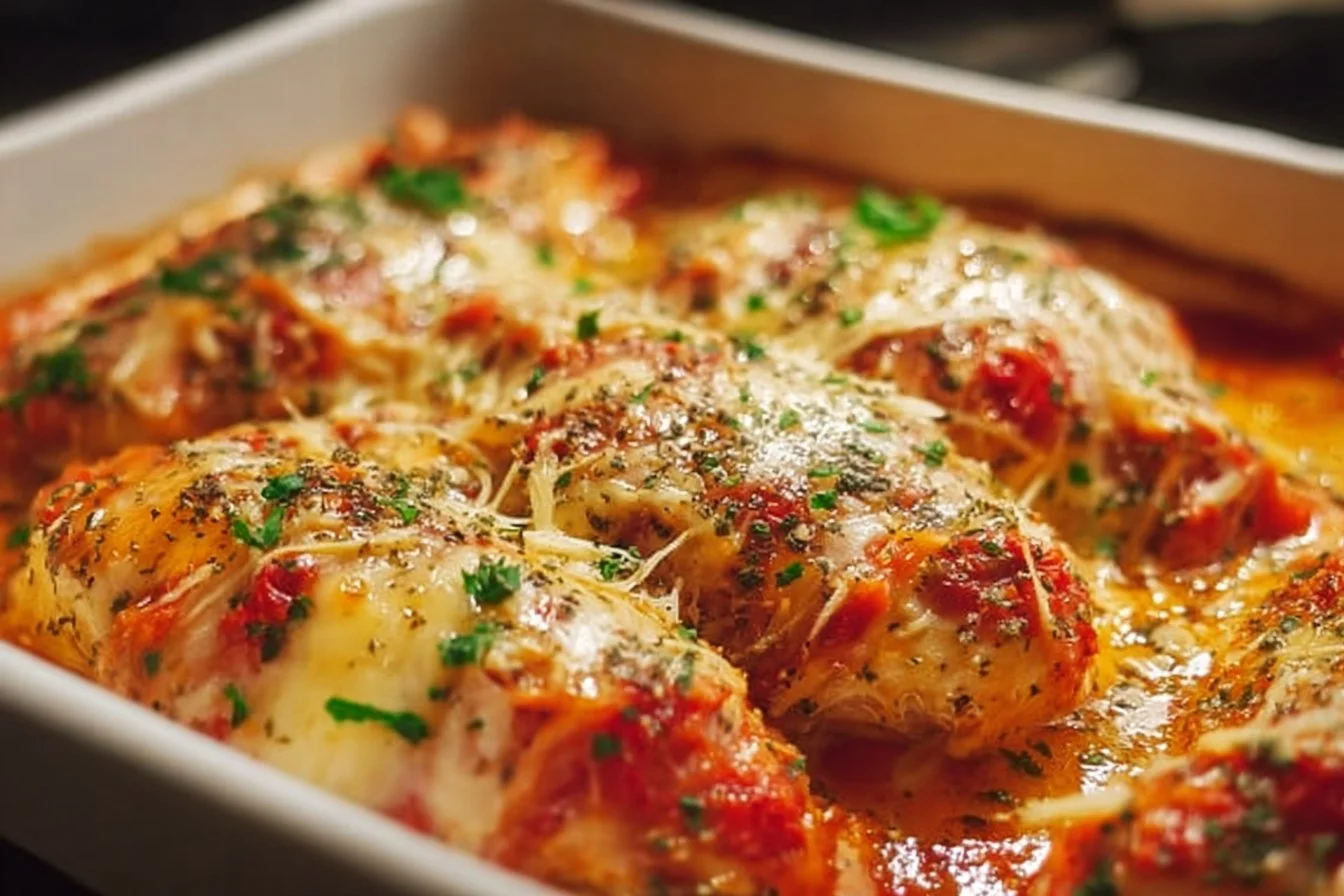 Baked chicken topped with marinara sauce and melted mozzarella cheese on a plate