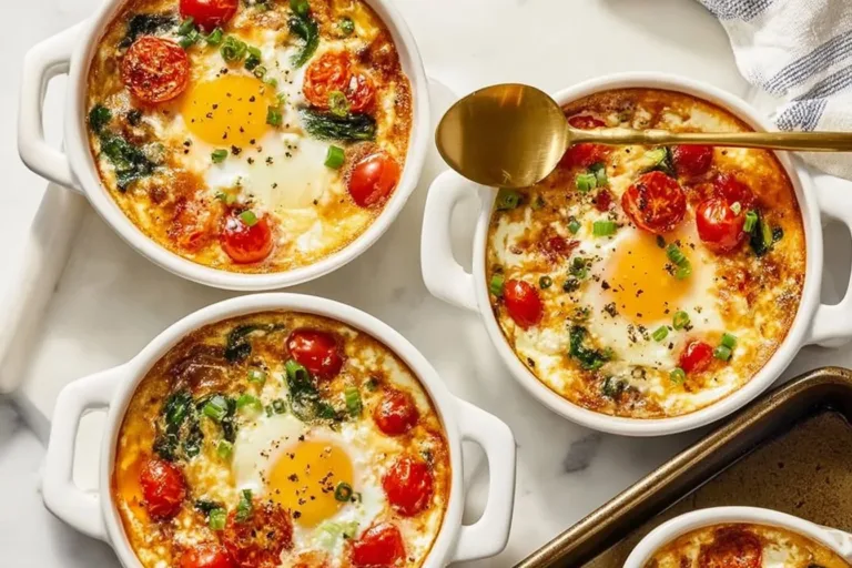 Baked feta eggs with tomatoes and spinach in a skillet