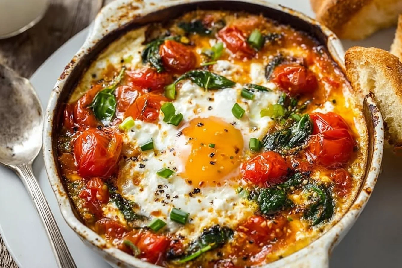 Baked Feta Eggs with Tomatoes and Spinach