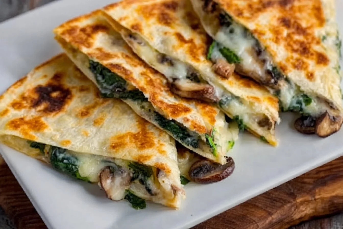 Baked spinach mushroom quesadillas served with salsa and avocado.