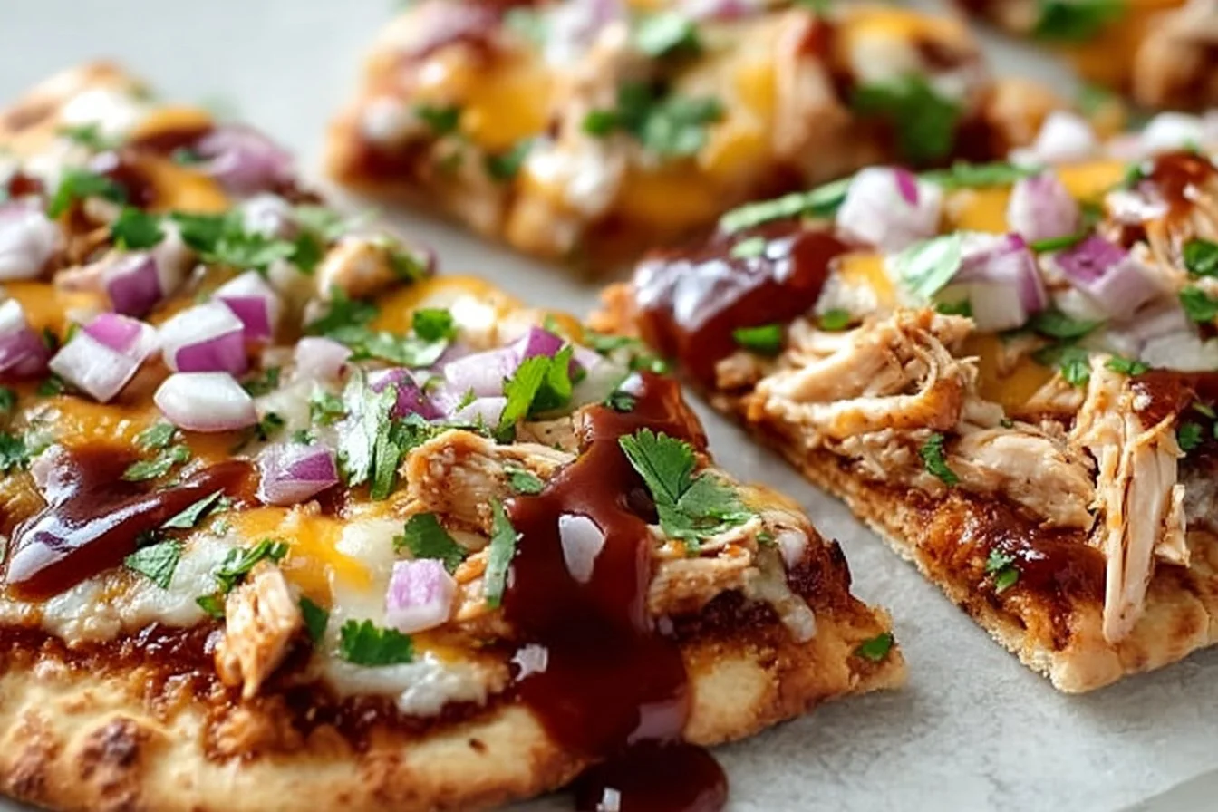 BBQ chicken flatbread topped with cheese and fresh herbs