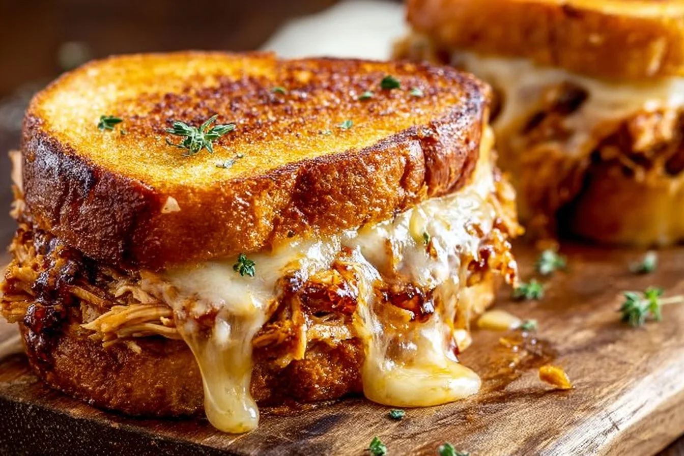 BBQ Chicken Grilled Cheese sandwich with gooey cheese and BBQ sauce.