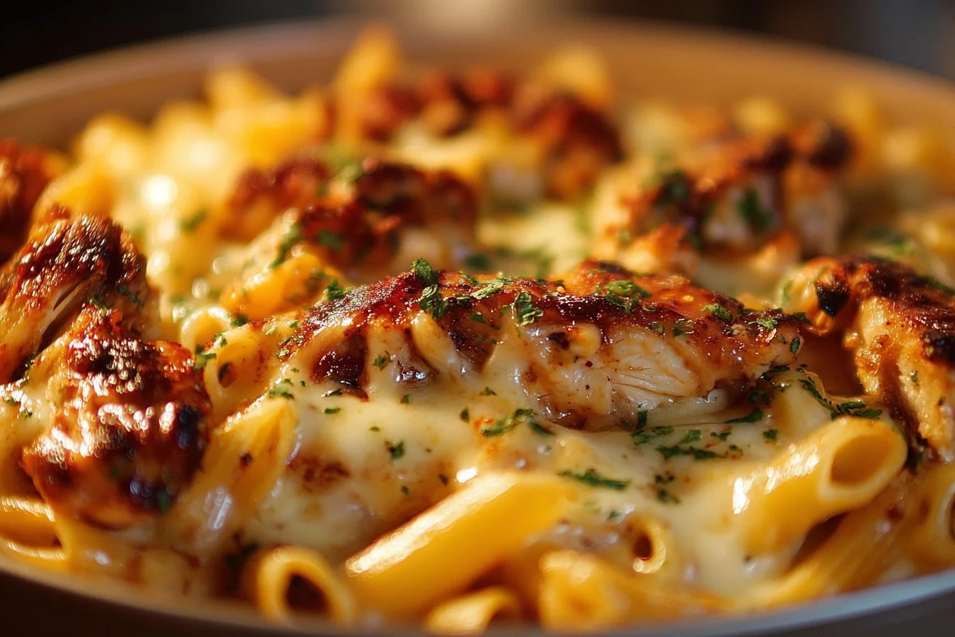 Delicious BBQ Chicken Mac and Cheese topped with crispy cheese and BBQ sauce