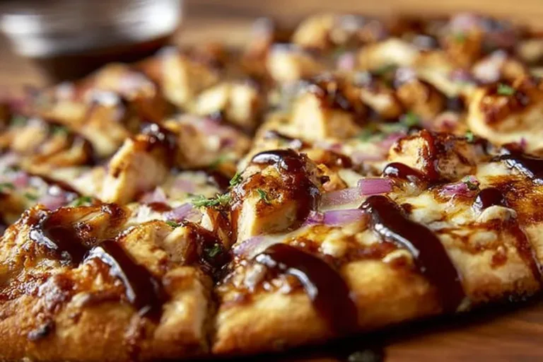 Delicious BBQ Chicken Pizza topped with grilled chicken and barbecue sauce