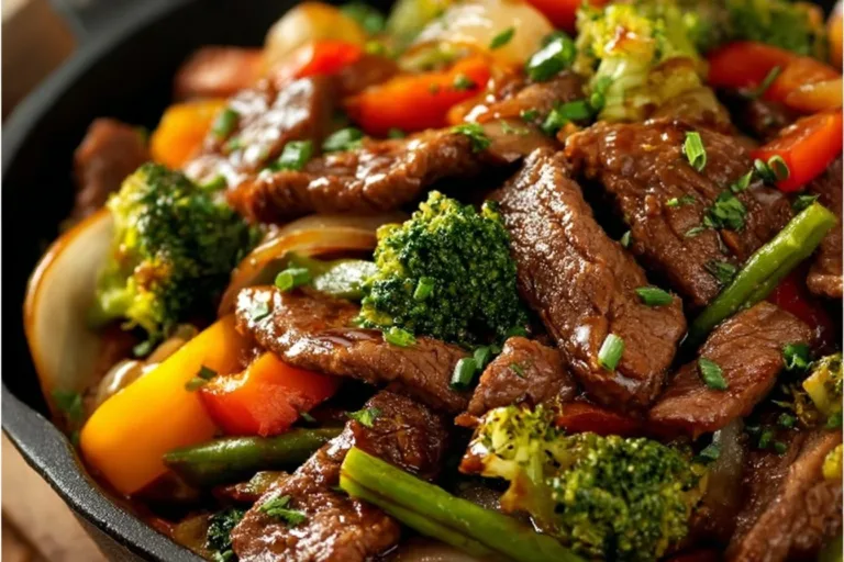 Beef stir fry with colorful vegetables in a pan