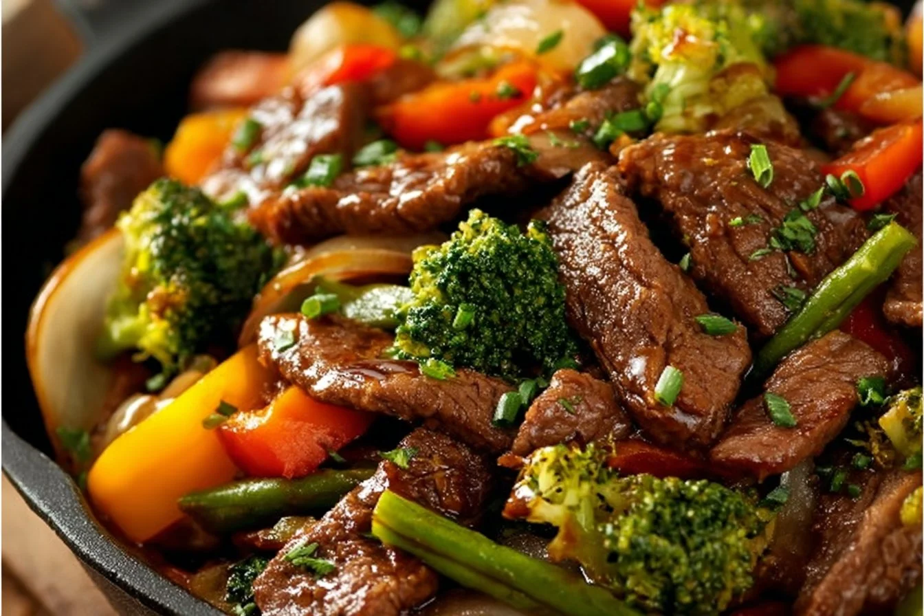 Beef stir fry with colorful vegetables in a pan