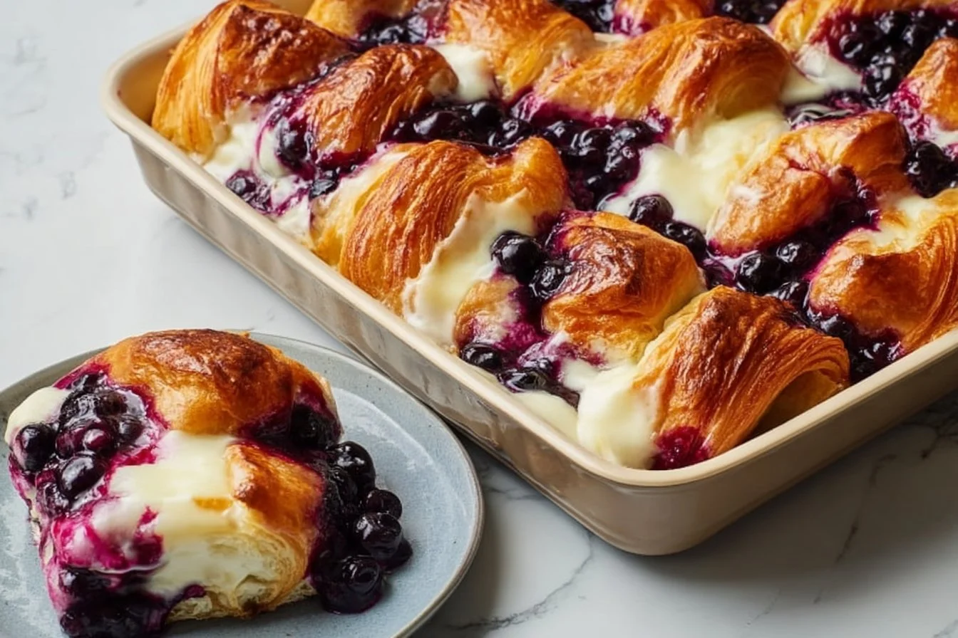 Blueberry croissant casserole baked with cream cheese and fresh blueberries