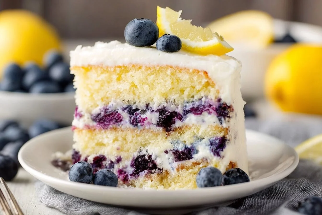 Delicious Blueberry Lemon Layer Cake with fresh blueberries and lemon frosting