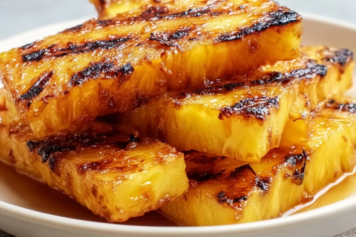 Brown sugar grilled pineapple slices on the grill for a delicious summer dessert