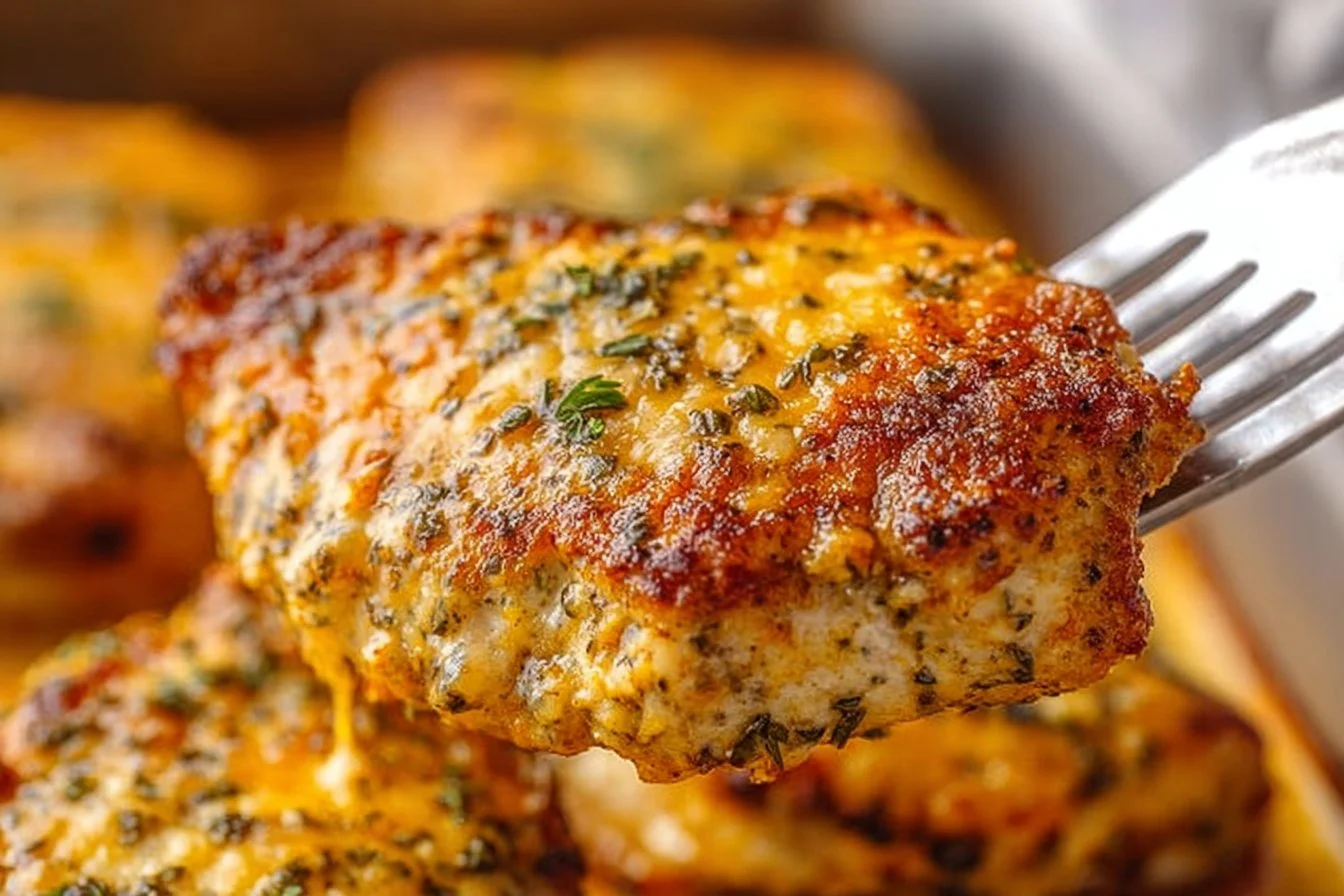 Cheddar Ranch Pork Chops served on a plate with fresh herbs and seasoning.