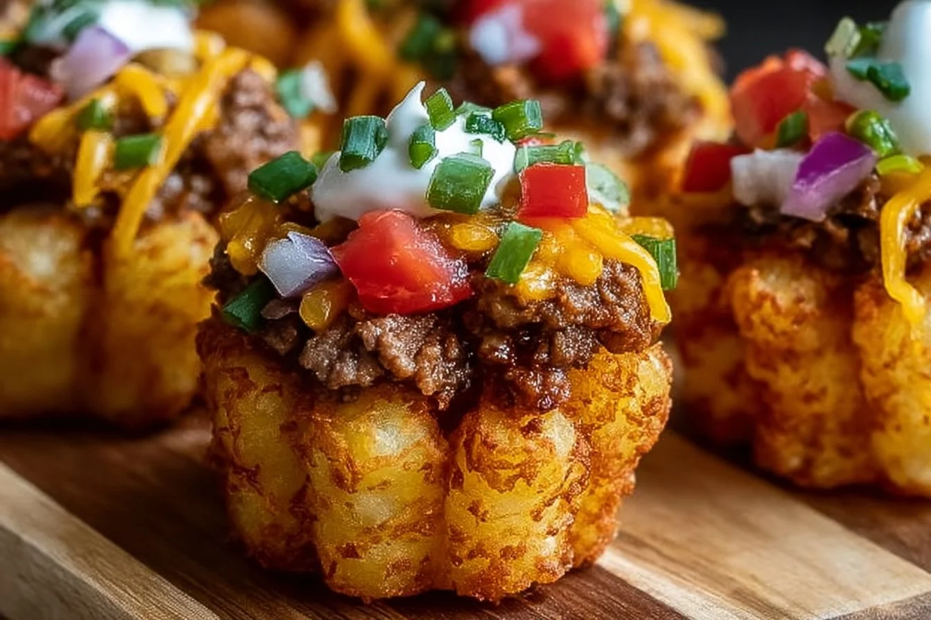 Cheeseburger stuffed tater cones with melted cheese and toppings