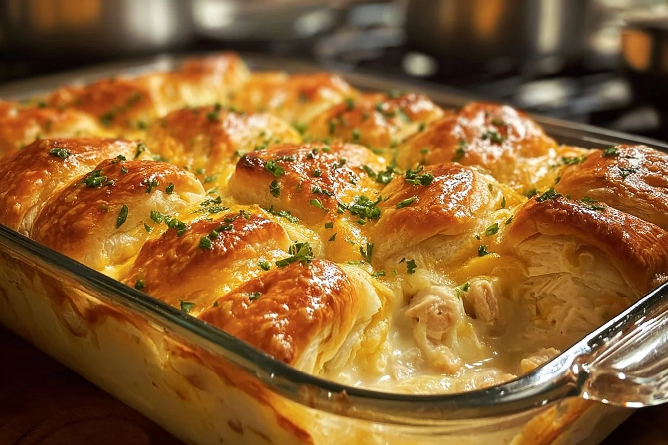 Cheesy Chicken Crescent Bake topped with golden crescent dough