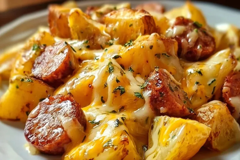 Delicious cheesy potato and smoked sausage casserole dish