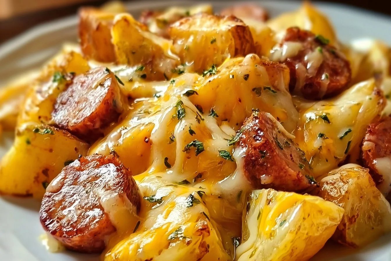 Delicious cheesy potato and smoked sausage casserole dish