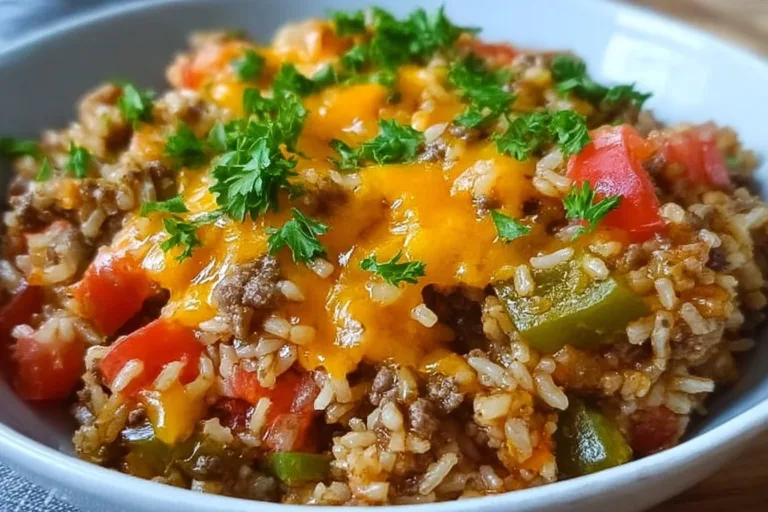 Cheesy Taco Beef and Rice dish garnished with fresh toppings on a plate
