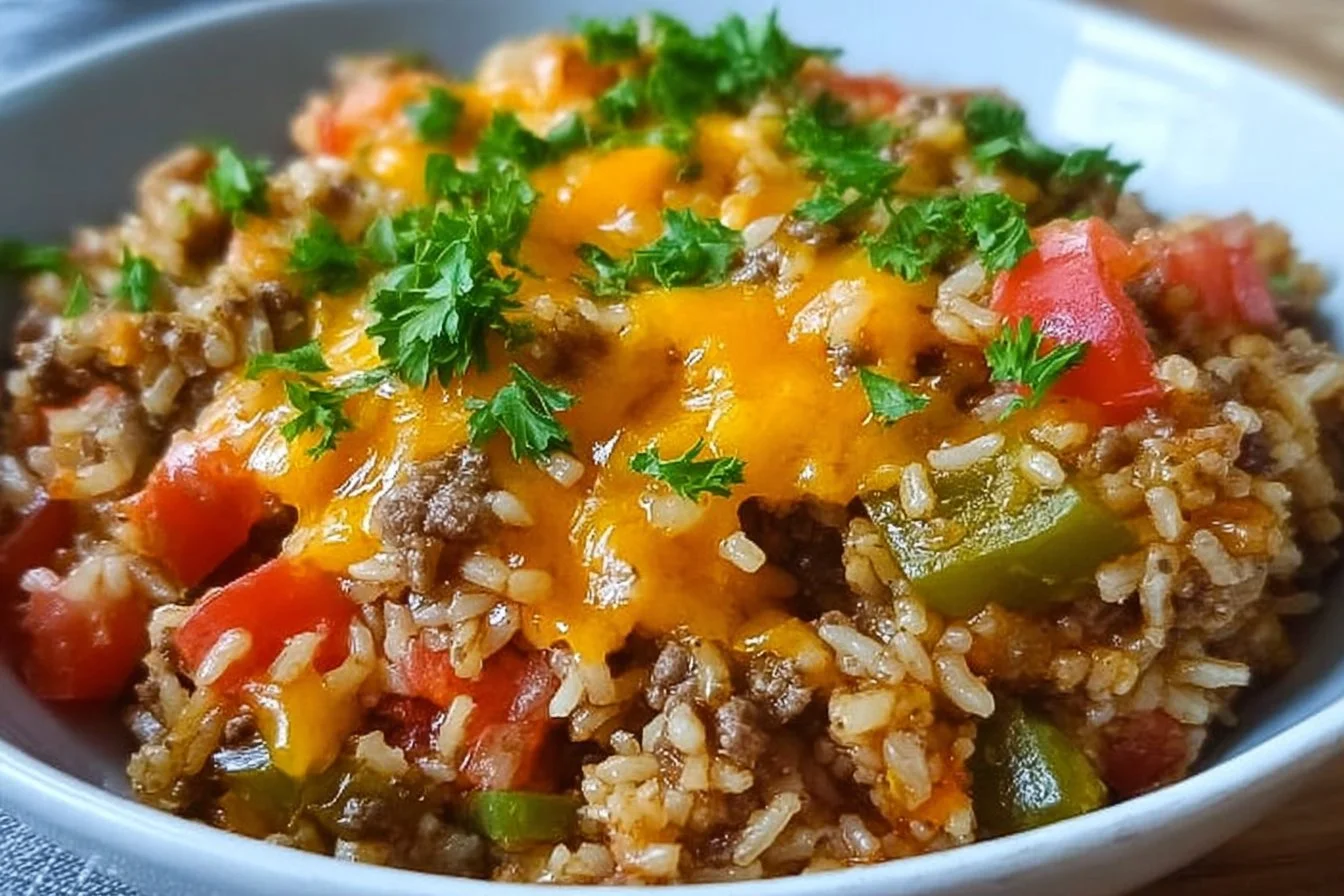 Cheesy Taco Beef and Rice dish garnished with fresh toppings on a plate