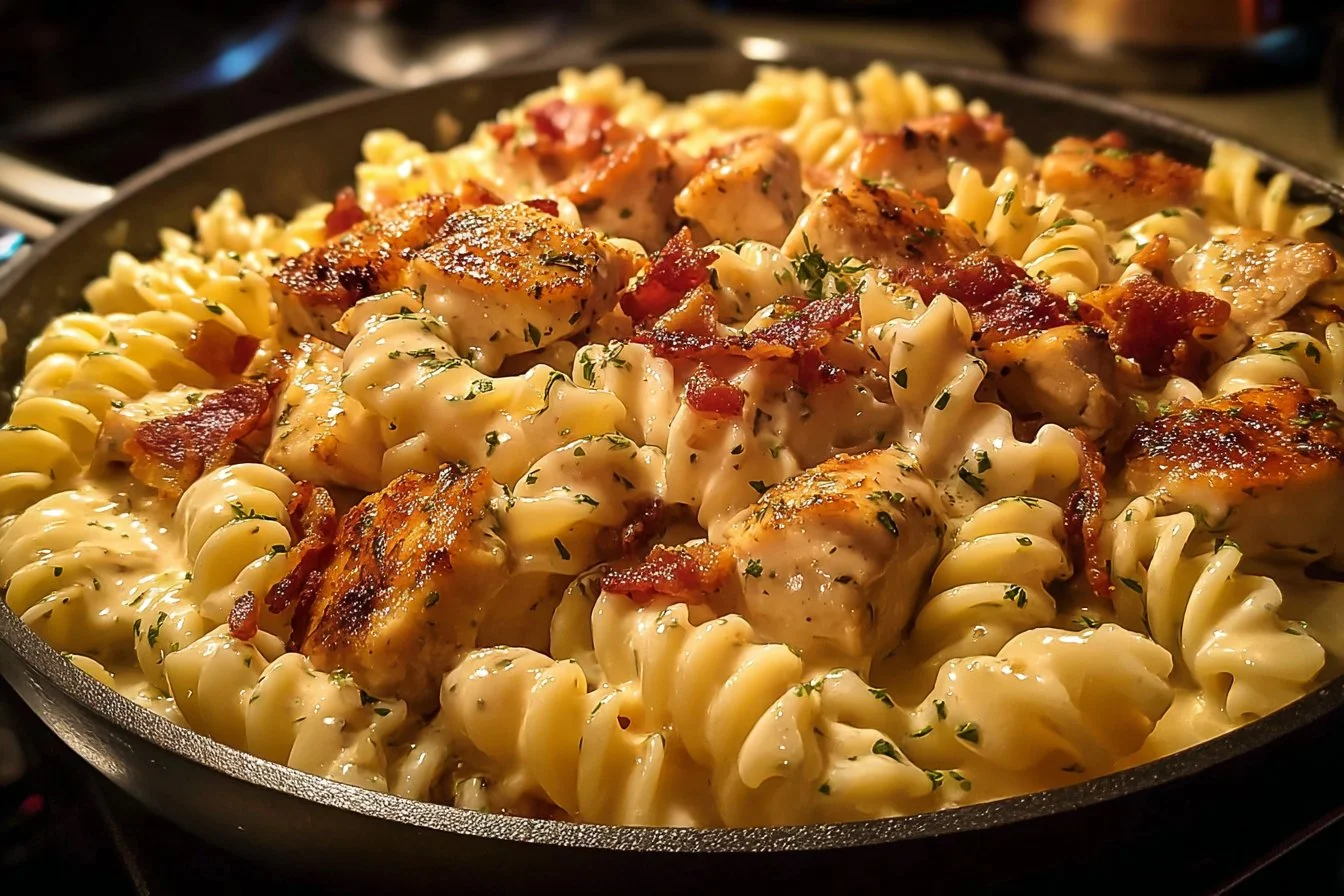 Creamy Chicken Bacon Ranch Pasta topped with crispy bacon and herbs