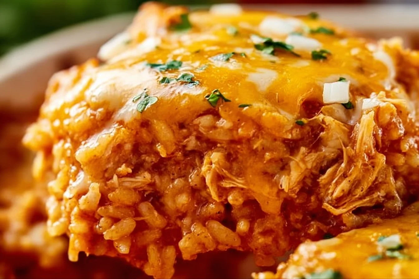 Delicious Chicken Enchilada Rice Casserole topped with cheese and garnished.