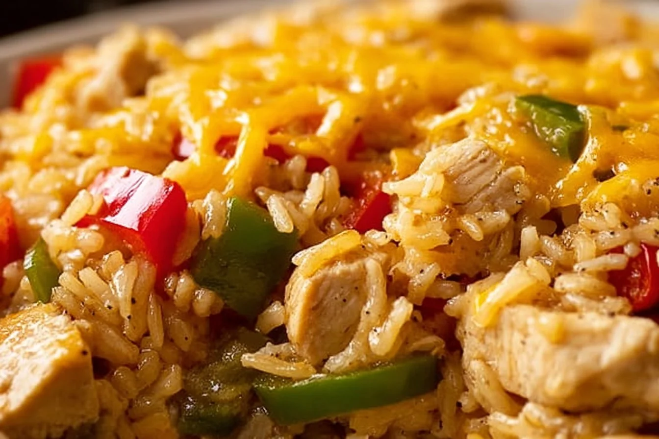 Chicken Fajita Rice Casserole with colorful peppers and seasoned chicken