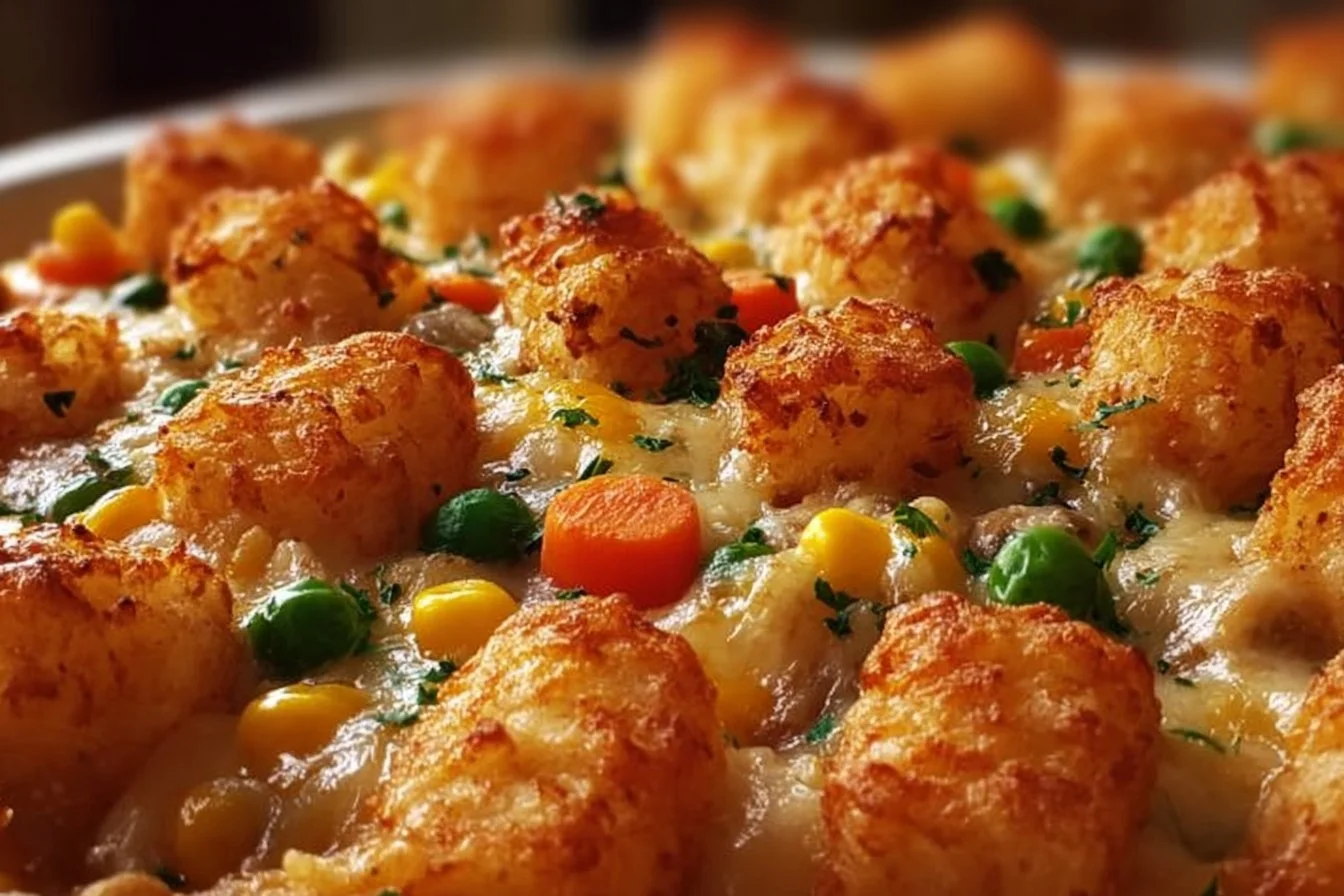 Delicious Chicken Tater Tot Casserole topped with crispy tater tots