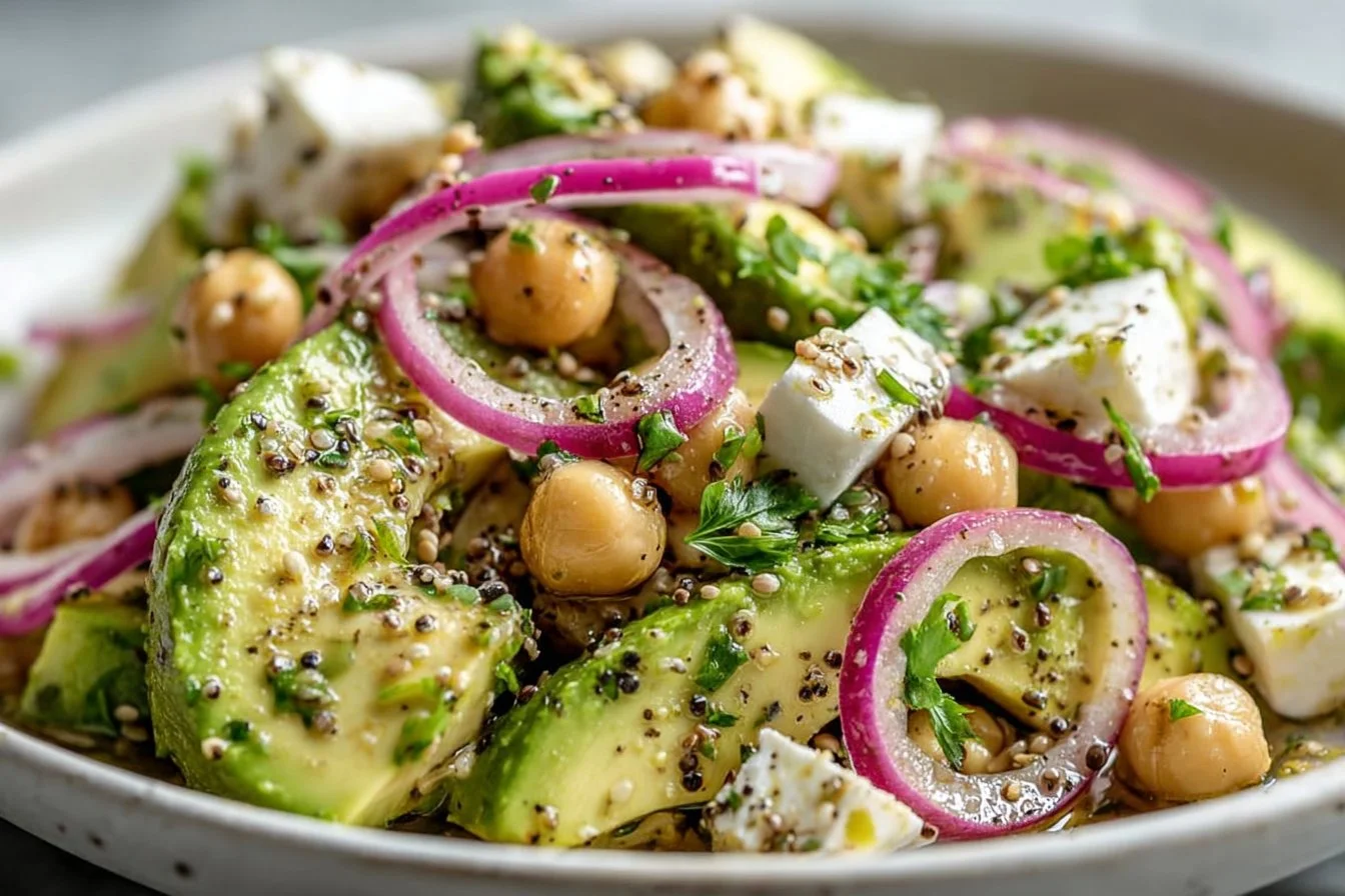 Chickpea Feta Avocado Salad with vibrant ingredients in a bowl