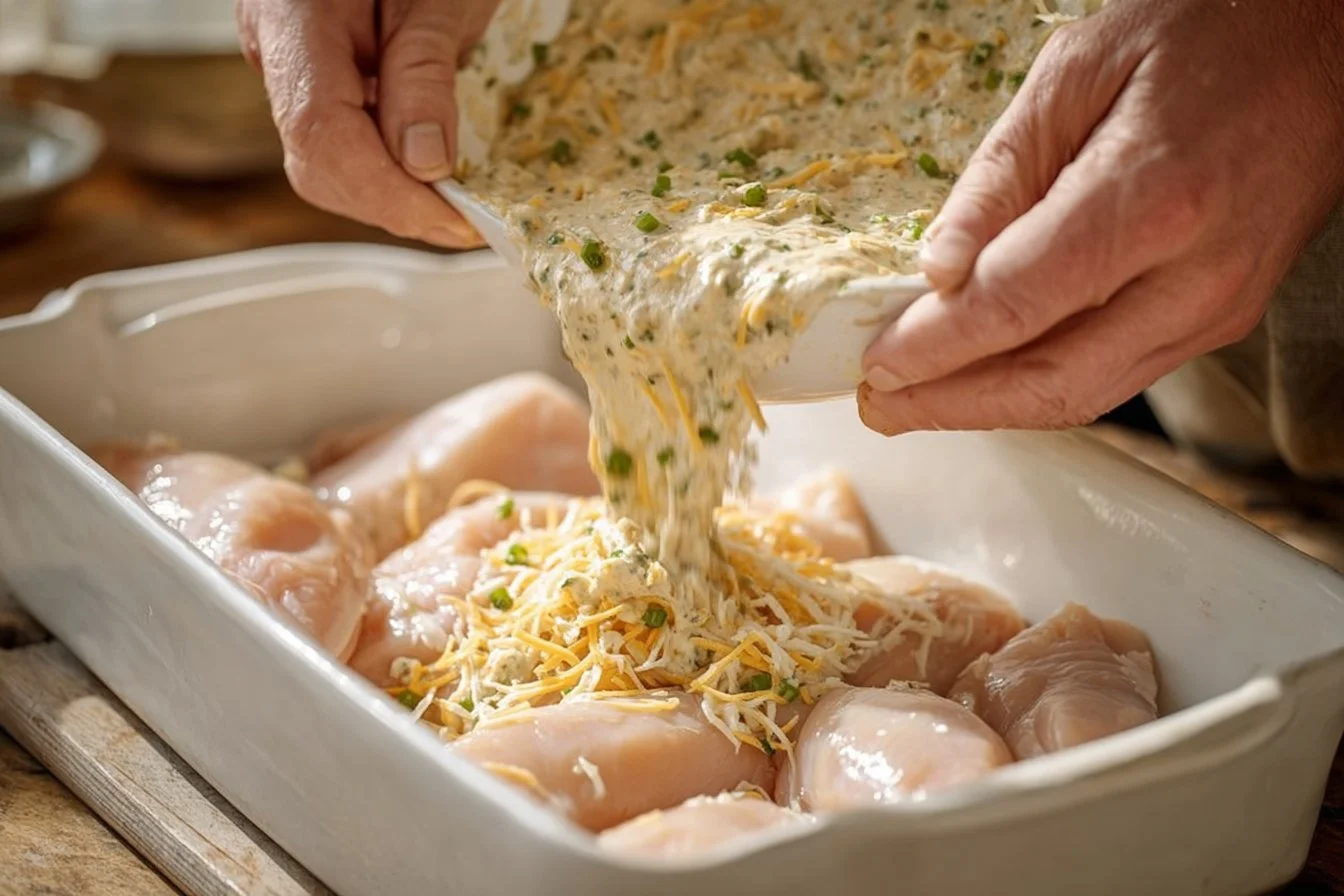 Creamy baked chicken dish served with herbs and spices