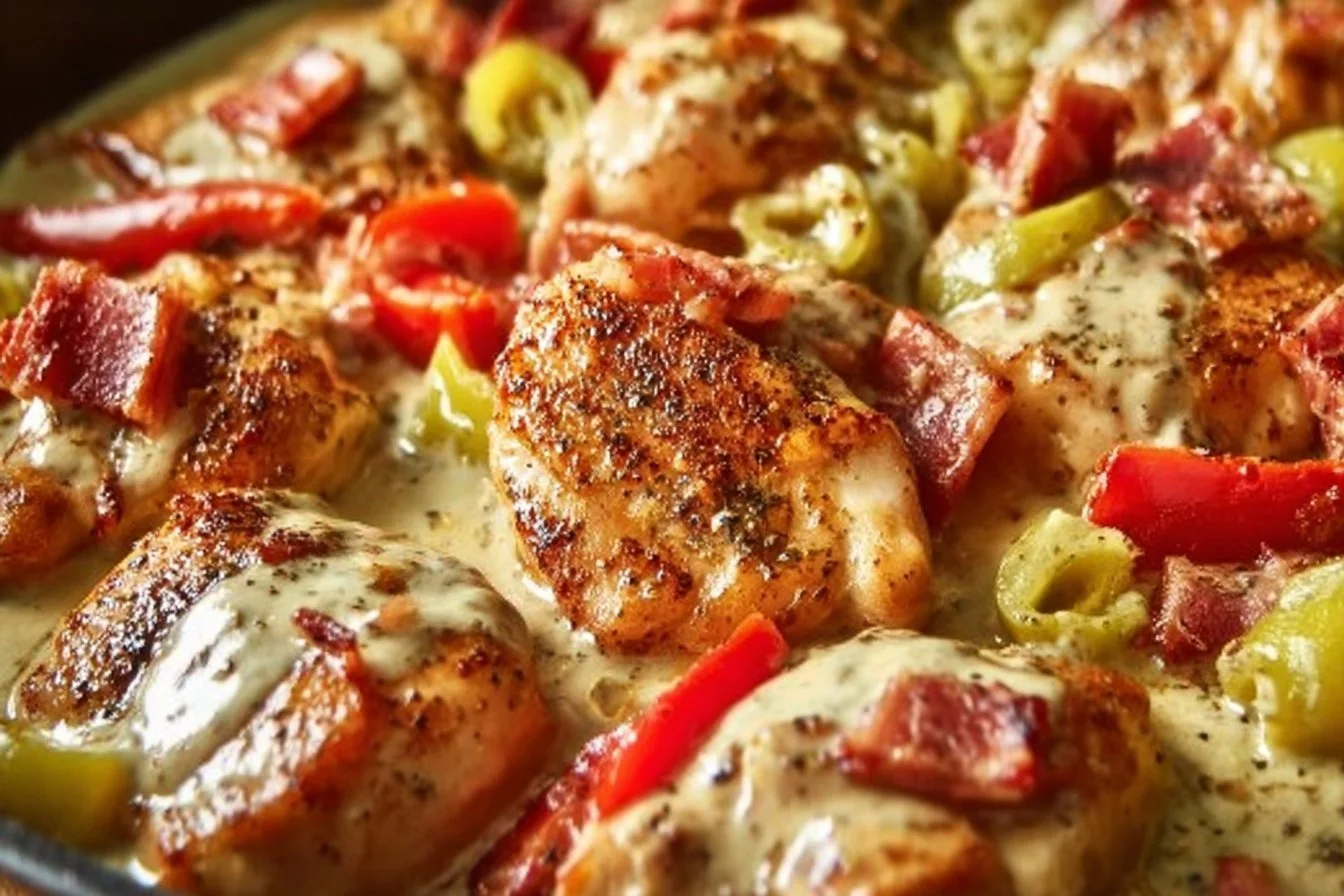Creamy banana pepper chicken cooked in a skillet with peppers and spices
