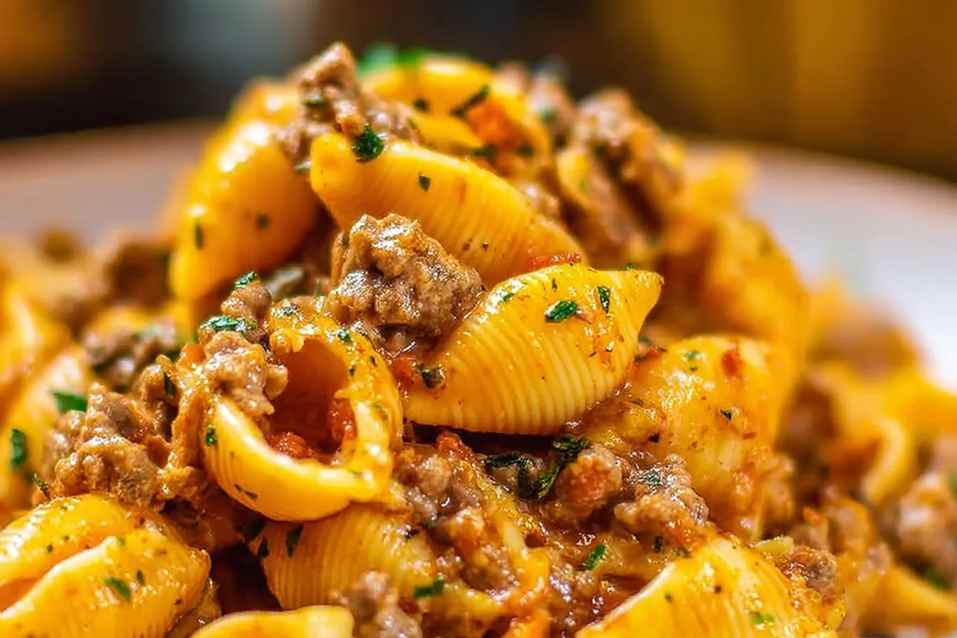 Creamy beef and shells dish garnished with herbs, served in a bowl.