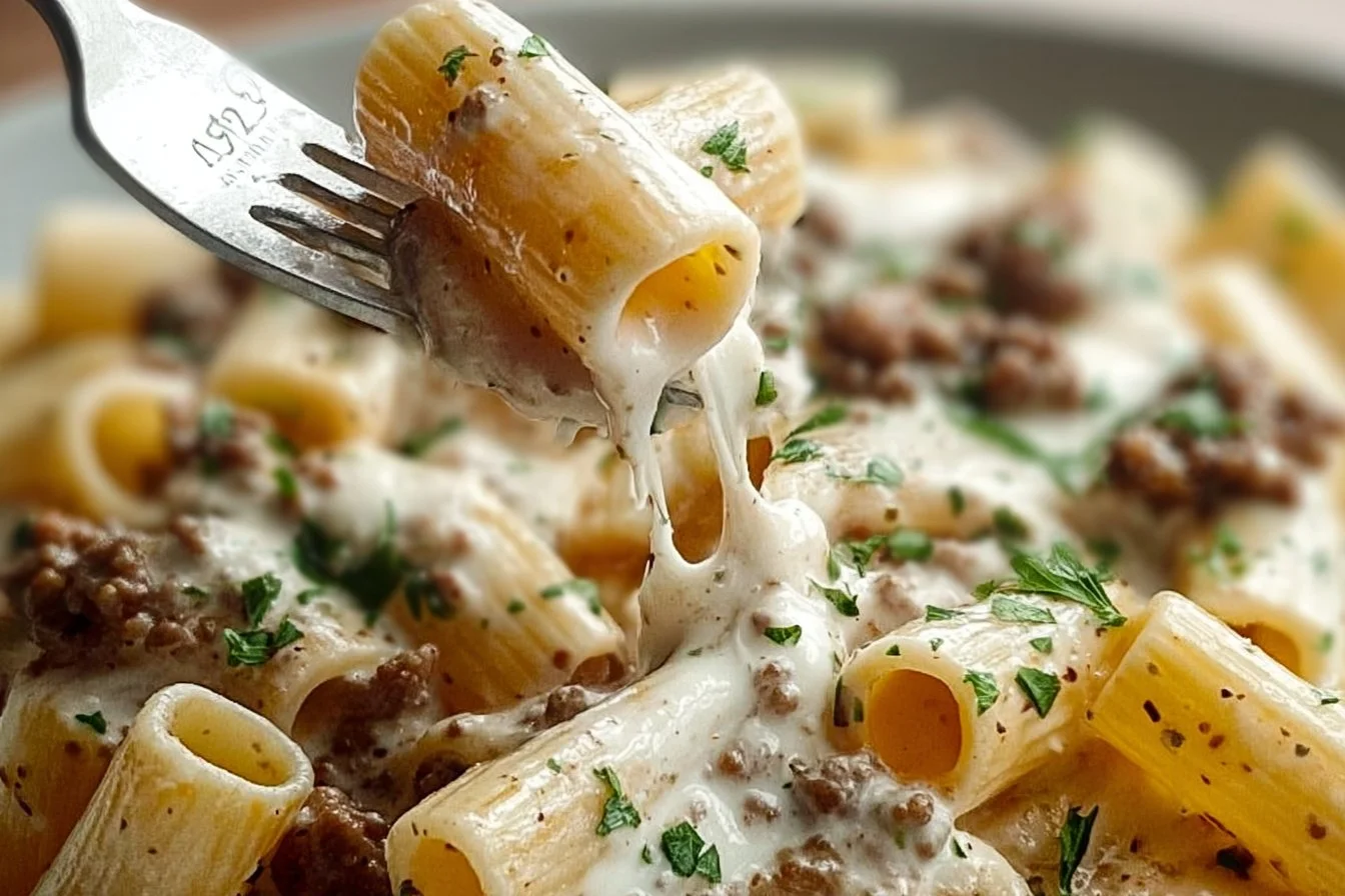 Creamy beef rigatoni pasta dish with rich sauce and herbs