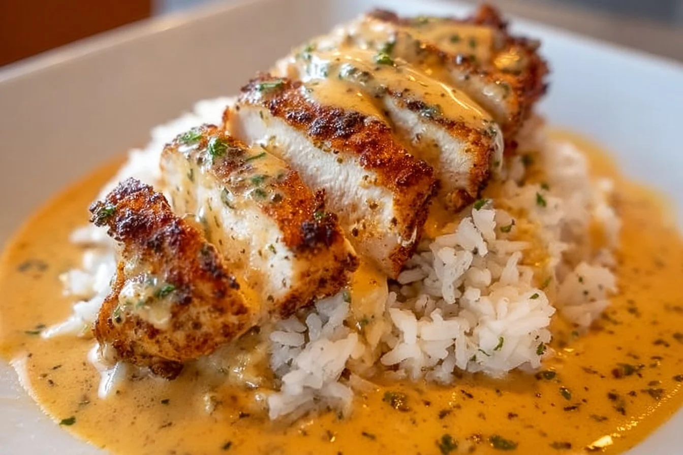 Creamy Cajun chicken served with rice in a delicious dish.