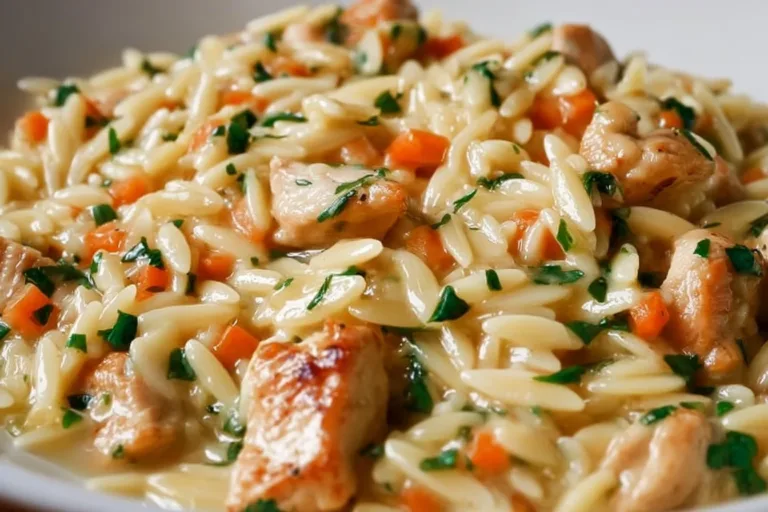 Creamy Chicken Pot Pie Orzo topped with golden crust and fresh herbs